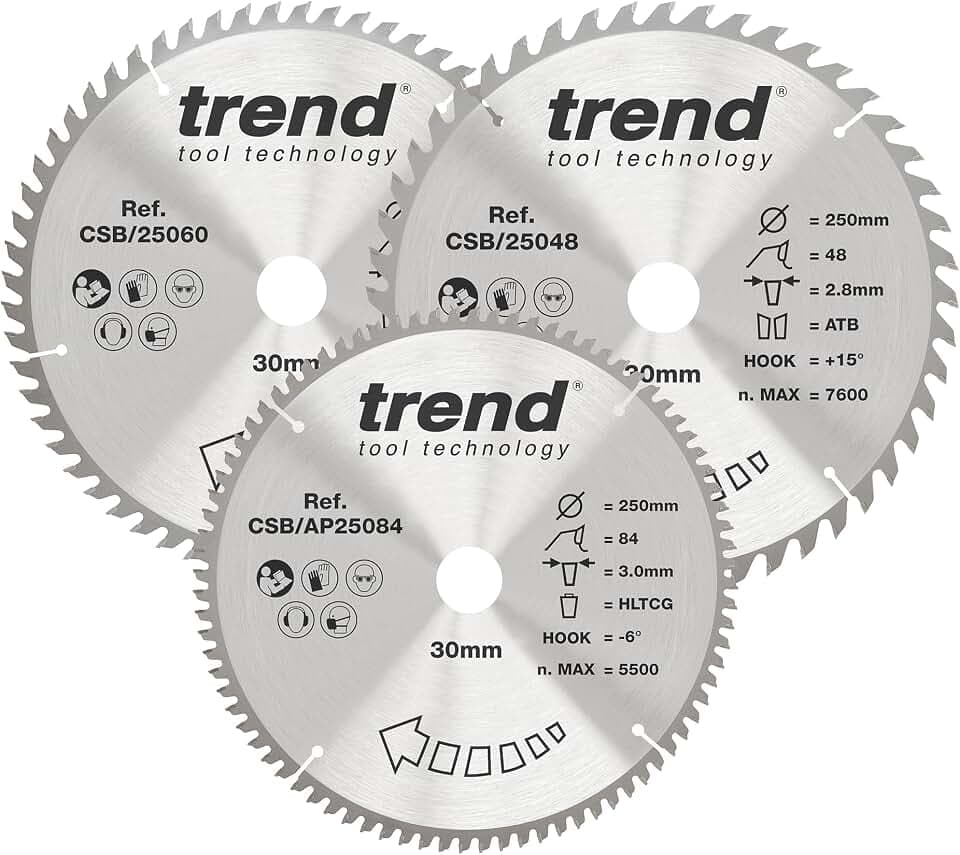 Trend Holz-Kreissägeblätter 3er-Pack, 250 mm, 30 mm Bohrung, 48/60/84 Zähne