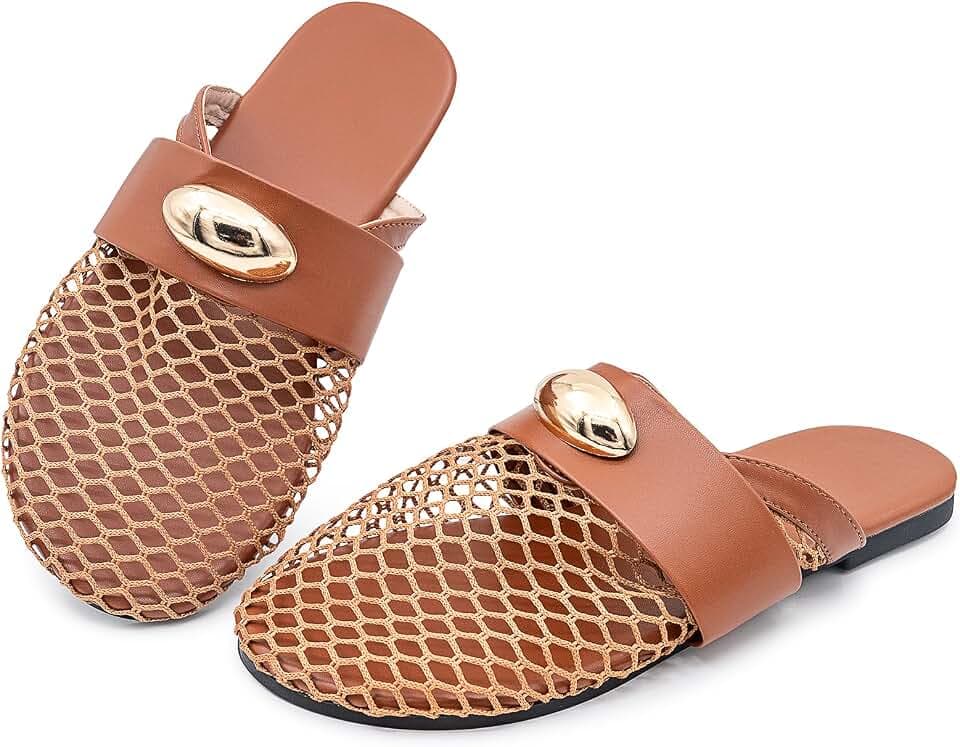 ISZPLUSH Women’s Mesh Mules Flats Slip On Shoes – Breathable Pointed Toe Loafers with Metal Buckle, Casual Summer Backless Slippers
