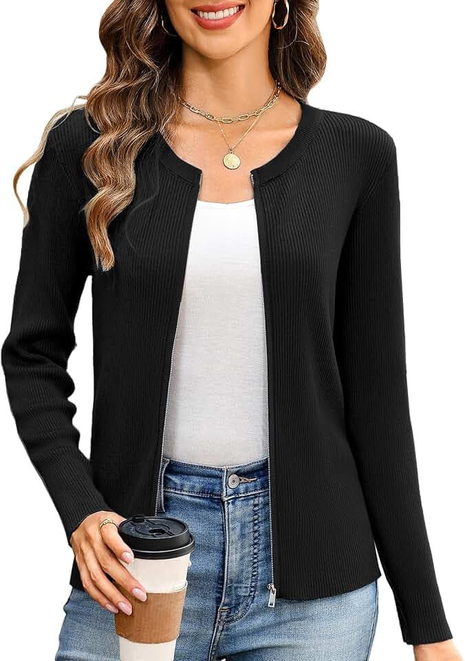 Totatuit Women's Long Sleeve Zip Up Sweater Lightweight Cardigan Crew Neck Tops Zipper Knitted Jacket