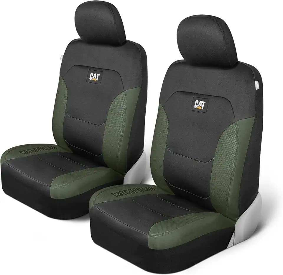 CAT Flexfit Green Black Seat Covers for Cars, Trucks, & SUV - (2) Front Car Seat Cover Front Seat Protectors - Airbag Compatible Seat Covers for SUV Interior Covers & Truck Seat Cover Car Accessories
