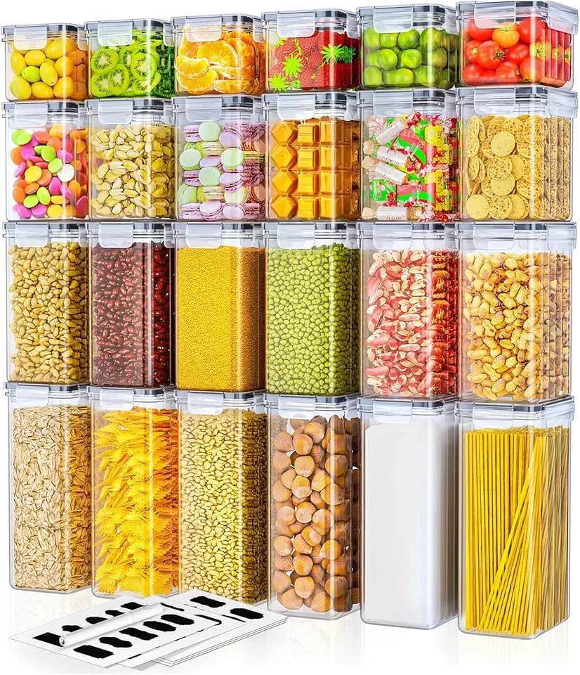 Storivo Praktisches 24er Set luftdichter Vorratsdosen – Ideal zur Aufbewahrung von Mehl, Zucker, Müsli & mehr. Perfekt für Küche & Kühlschrank. Inkl. Etiketten, Stift, Gesamtvolumen 42 L
