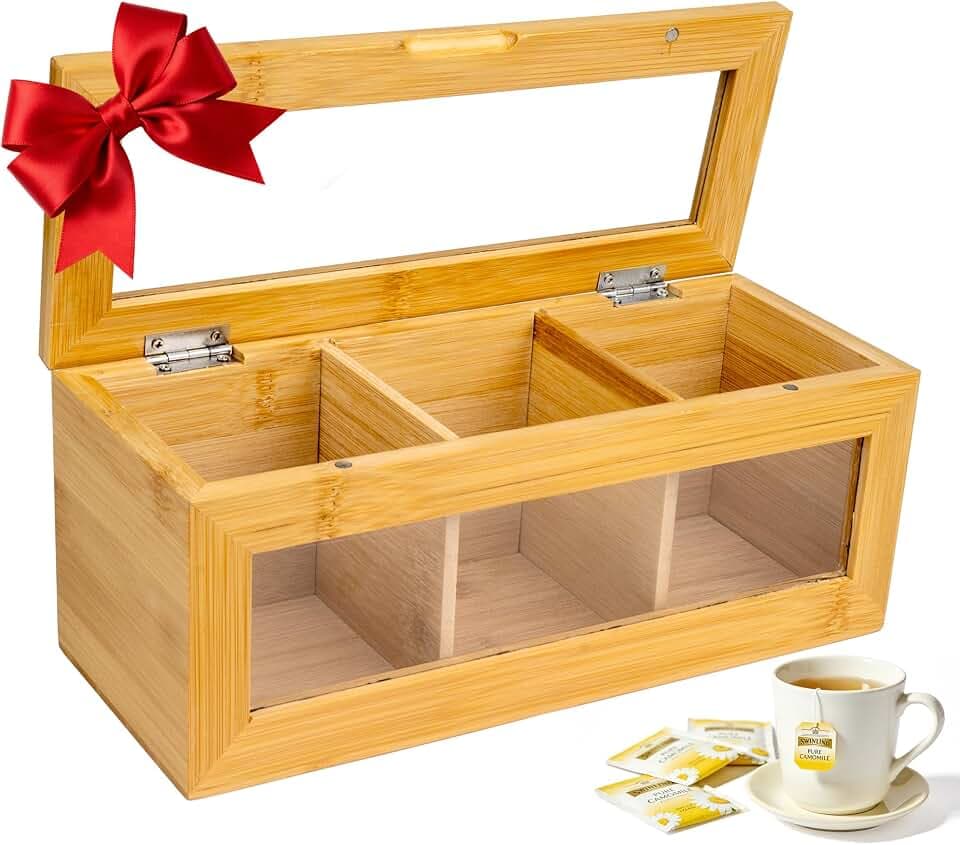 Tea Bag Organizer, Bamboo Tea Bag Holder, with Magnetic Lid & Window – 3 Compartments Tea Bag Storage for Kitchen Countertop – Eco-Friendly, Space-Saving & Giftable for Tea Lovers