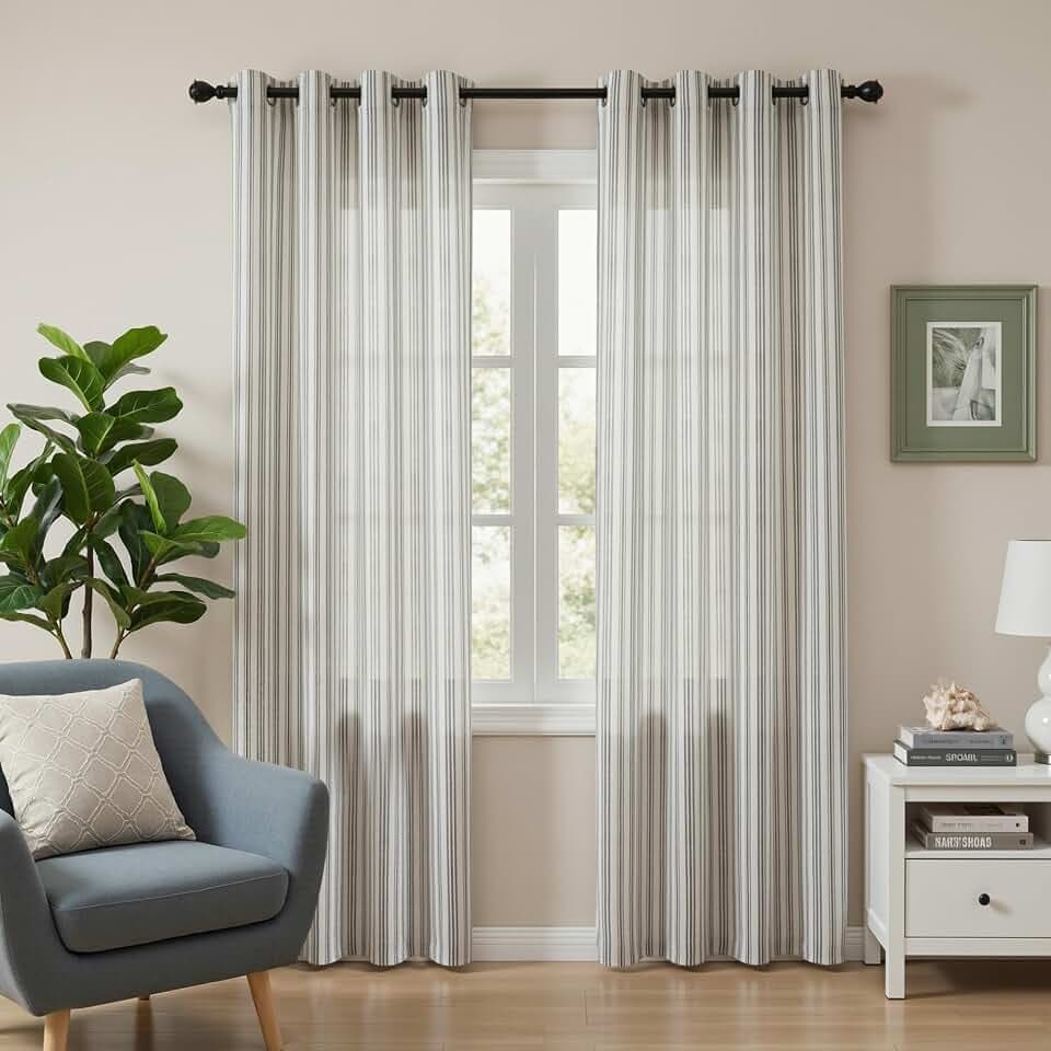 MYSKY HOME Dark Grey Striped Linen Curtains for Living Room 52x96,2 Panels