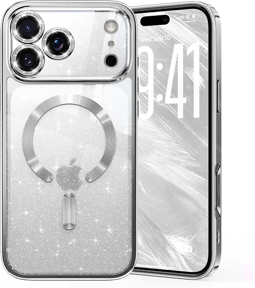 Glitter for iPhone 17 Pro Max Case with Eye-catching Integrated Lens Protection, [Seamless Work with Magsafe] [Sparkly Bling Back Panel] Cute Women Girly Magnetic Case for iPhone 17 Pro Max Silver