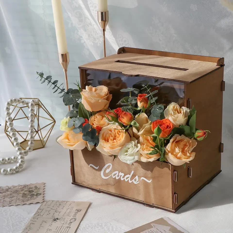 OurWarm Brown Wooden Wedding Card Box with Flower Trough & Acrylic Board