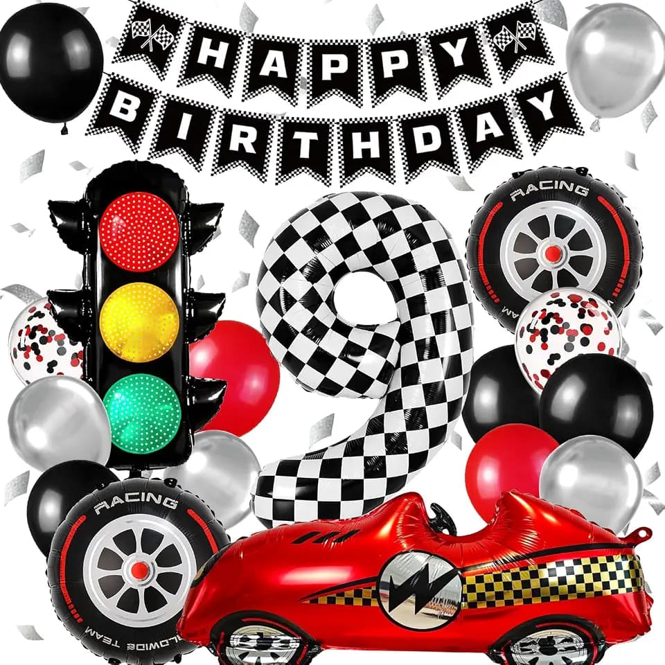 Race Car Birthday Party Decorations, with 40 Inch Number 9 Balloon, Happy Birthday Banner, Traffic Light and Foil Tire Balloon for 9th Car Themed Birthday Party Supplies