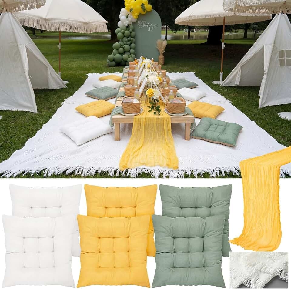 8 Pcs Fit for 6 People 91 x 71'' Extra Large Outdoor Picnic Blanket with Multicolor Table Runner and Floor Pillow Cushion Fit for 6 People Picnic Wedding Birthday Baby Shower Backyard Decor