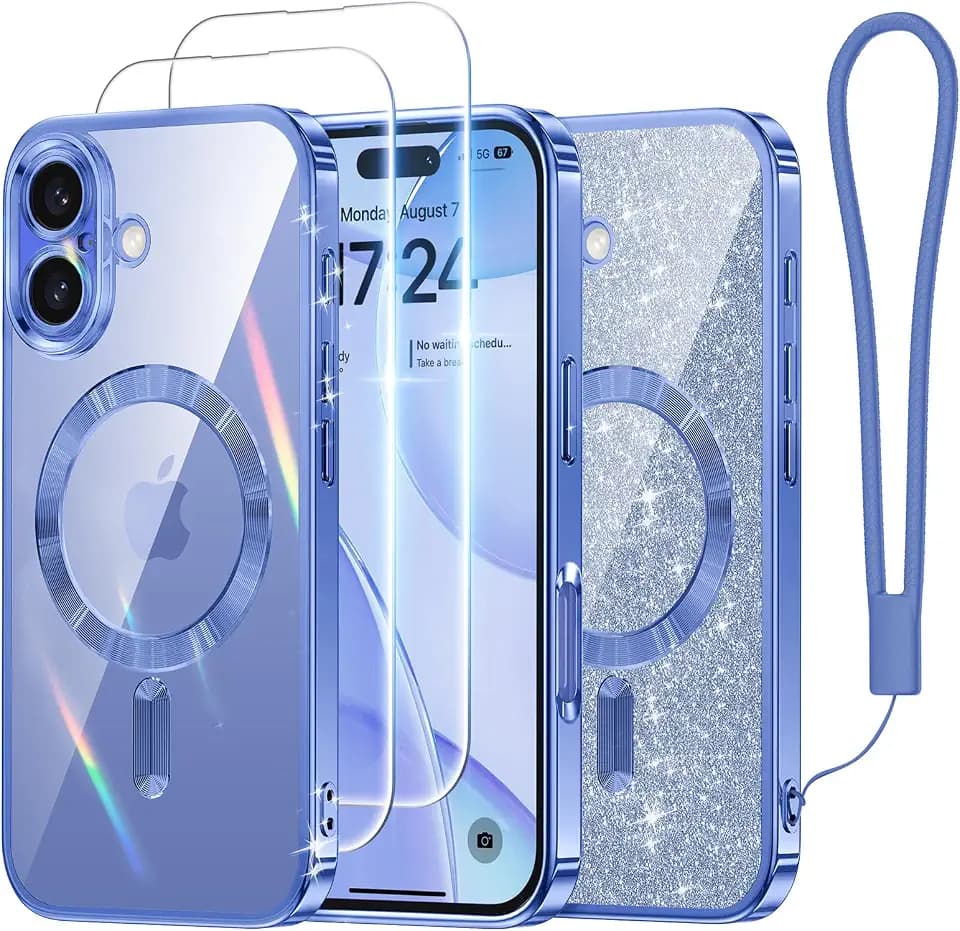 Meifigno Hülle Entwickelt für iPhone 16 Plus, [Kompatibel mit MagSafe][2 Displayschutzfolien] [Glitzerkarte & Handschlaufe] Vollständiger Kameraschutz Entwickelt für 6,7 Zoll Handyhülle,Ultramarin