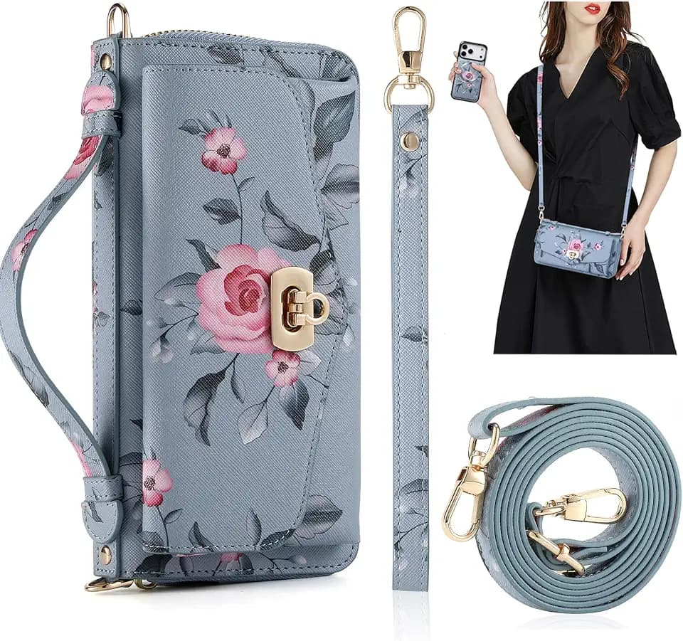 for iPhone 17 Pro Max Crossbody Detachable Wallet Case, Blue