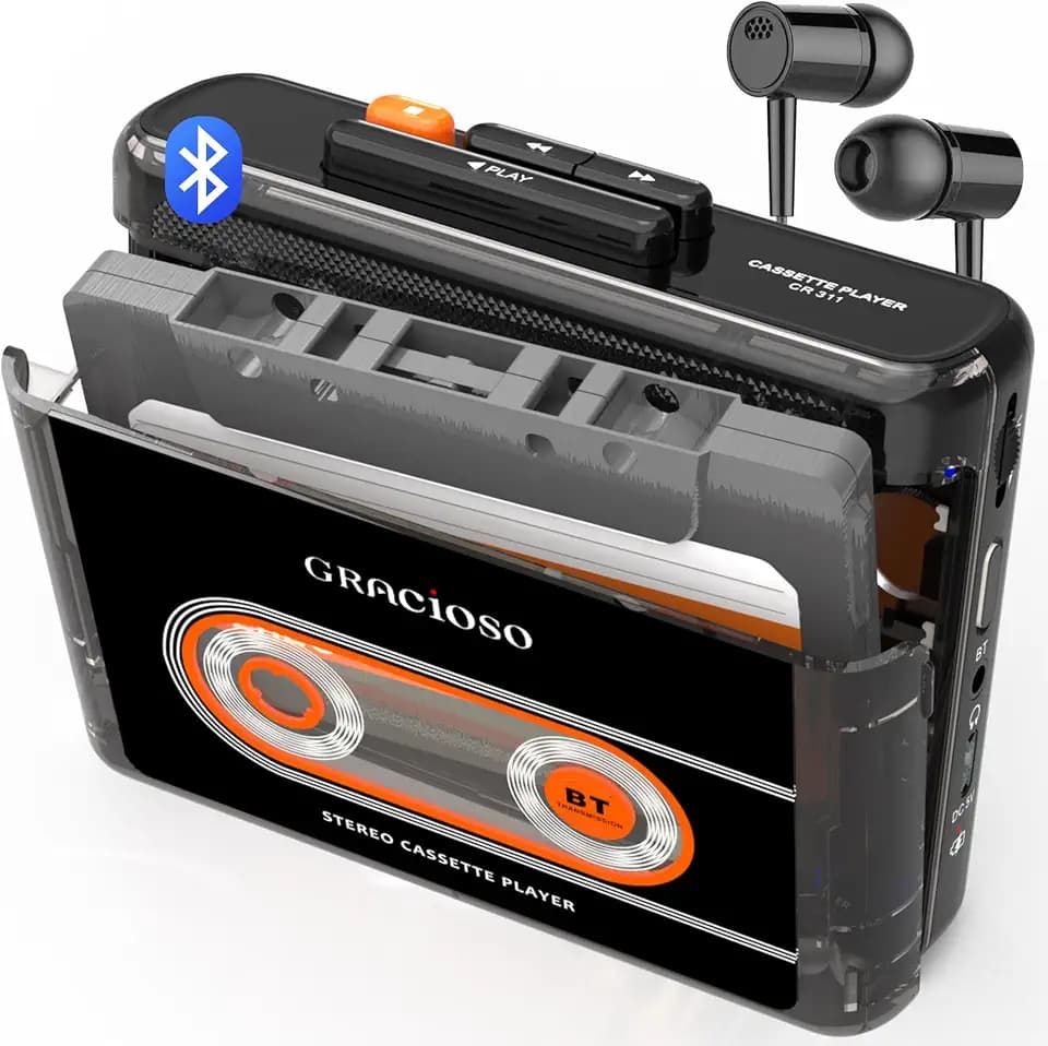 Gracioso Bluetooth Cassette Tape Player Connect Bluetooth Headphone 1100mAh Rechargeable Battery Up to 10H Playtime-with Earphone-Back Clip for Secured Carry - Cassette Player for Home,Park