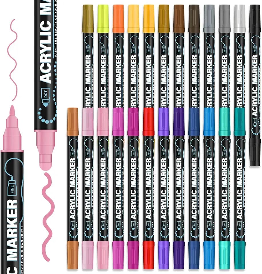 REALZEVA Acrylic Paint Markers, 24 Colors Dual Tip Acrylic Paint Pens for Rock Painting, Fabric, Wood, Canvas, Stone, Glass, Scrapbook, DIY Crafts & Art Supplies - Card Making Supplies.