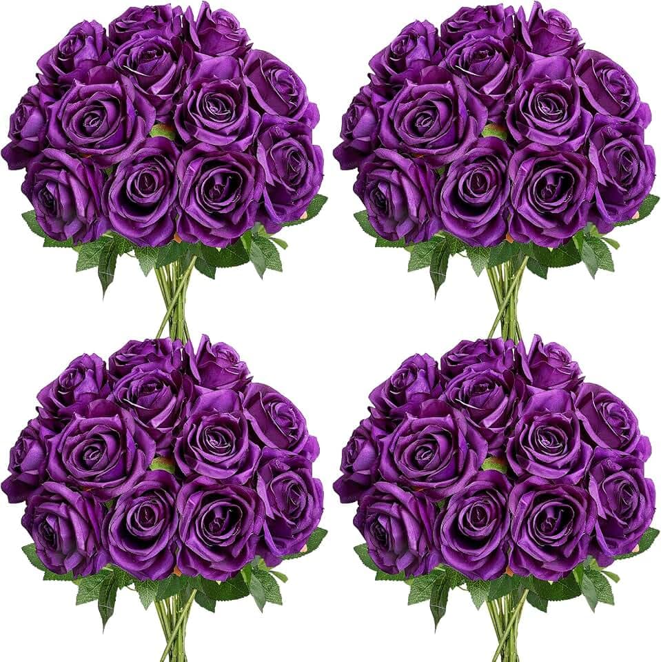 48 PCS Deep Purple Roses Artificial Flowers, Silk