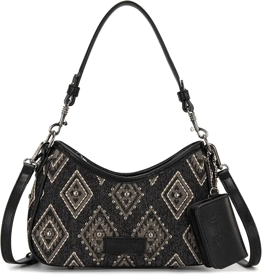 Wrangler Shoulder Bag for Women Denim Rivet Hobo Purse With Detachable Pouch