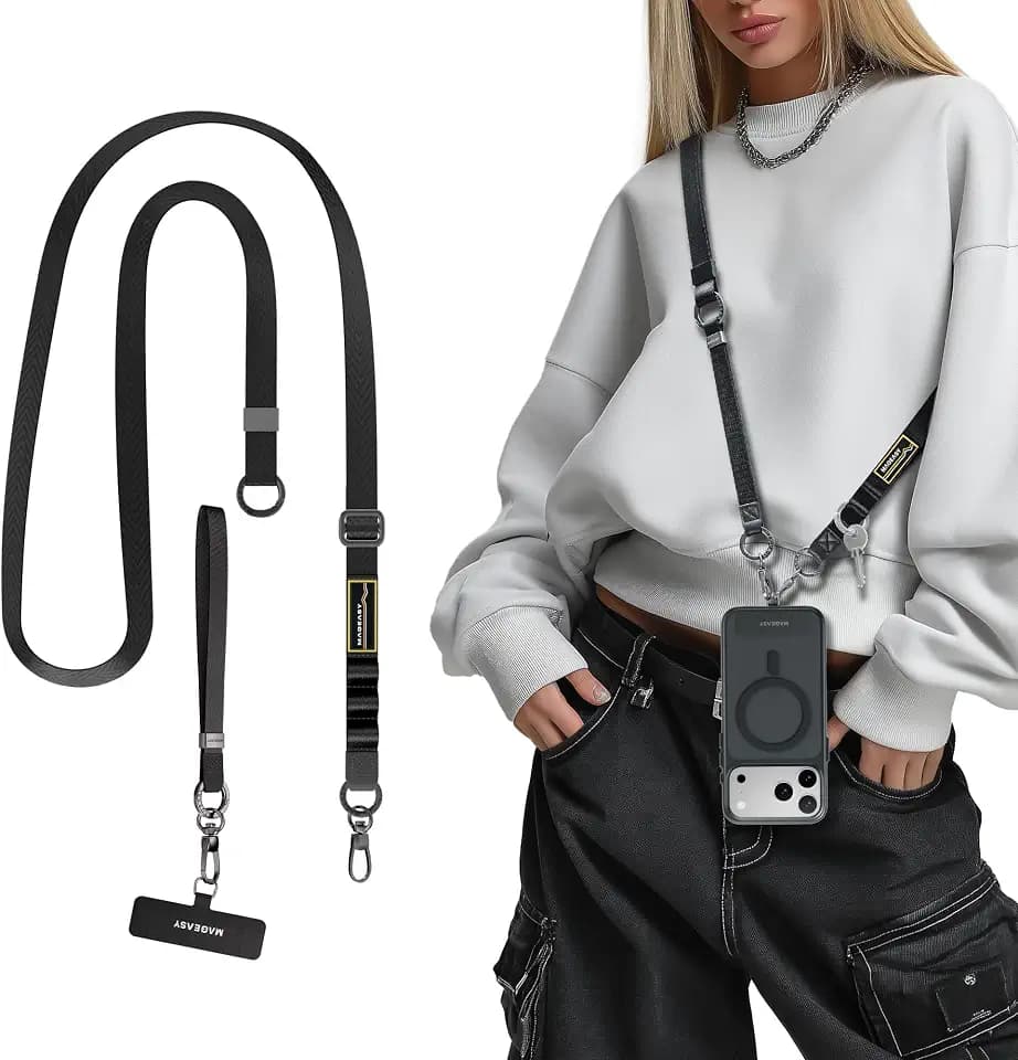 MAGEASY 2-in-1 Phone Lanyard Crossbody + Wristlet, Adjustable Cell Phone Lanyard with Slim Tether Tab, Anti-Theft Hands-Free Strap for iPhone Samsung Pixel Cases (Black)