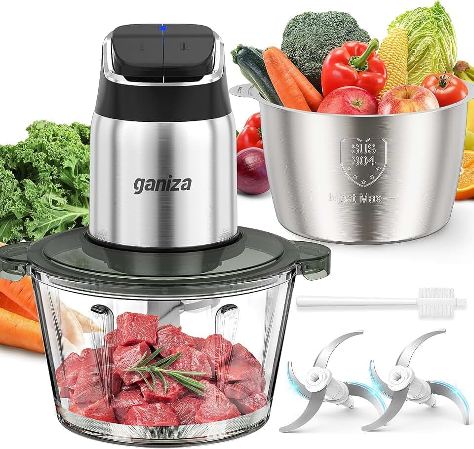 Ganiza Food Processor with Dual Bowls, 2-Speed Food Chopper & Meat Grinder
