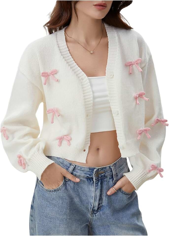 SHENHE Women's Bow Sweater Cardigan Button Down Knit Cropped Cardigan