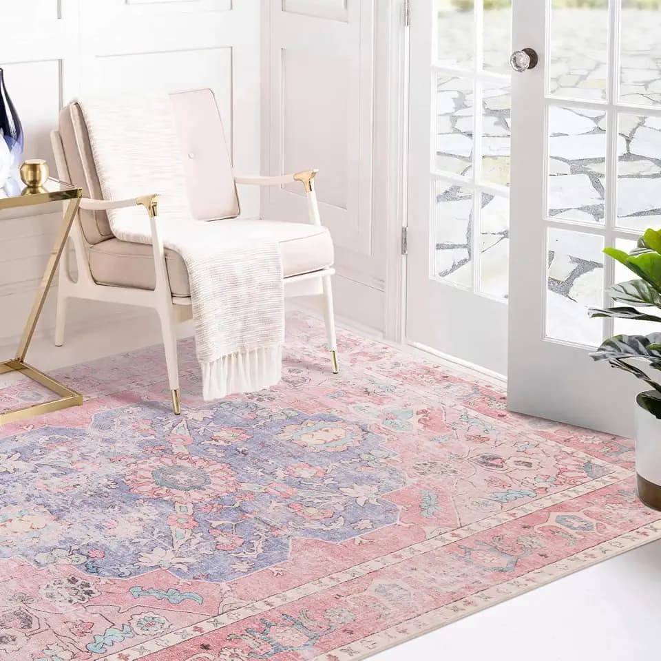 Sofrug Area Rug 3x5 - Vintage Ocean Pink Mixed Area Rugs Honeycomb Non Slip Backing Carpet Foldable & Machine Washable Distressed Rugs for Living Room Bedroom Dining Room Home Office