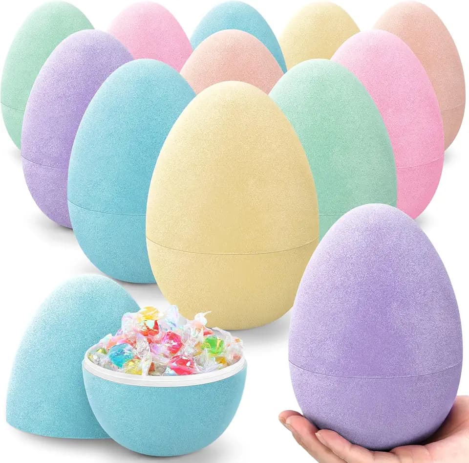 12 Pack 6" Pastel Flocked Easter Eggs Empty Large Fillable Easter Eggs Assorted Colors Plastic Fillable Eggshells Party Favors for Filling Treats Basket Stuffers Table Centerpieces Decor