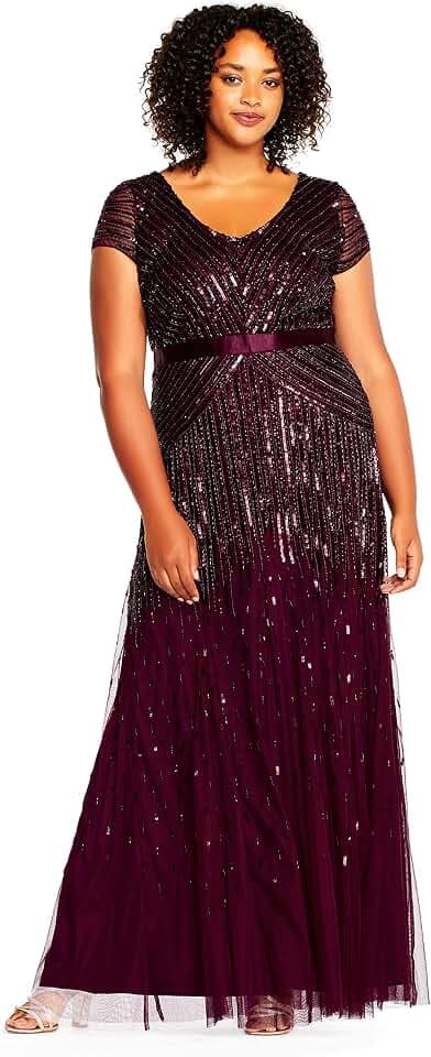 Adrianna Papell Damen Plus Size Floor Length Beaded Cap Sleeve V-Neck Dress Kleid