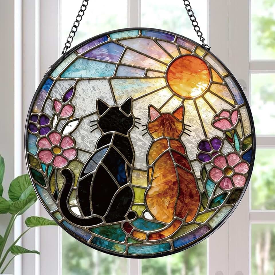 Rngmsi Cat Stained Glass Sun Catcher 8 Inch Window Home Indoor Decor Gift