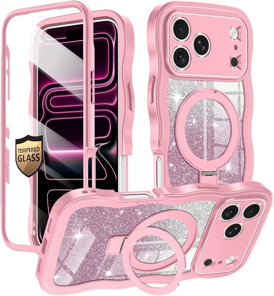 Casetego for iPhone 18 Pro Max Case Magnetic,Compatible with MagSafe,Built-in Screen Protector,[Invisible Stand] Wave Frame Glitter Sparkle Shockproof Cover Case for iPhone 18 Pro Max,AllPink