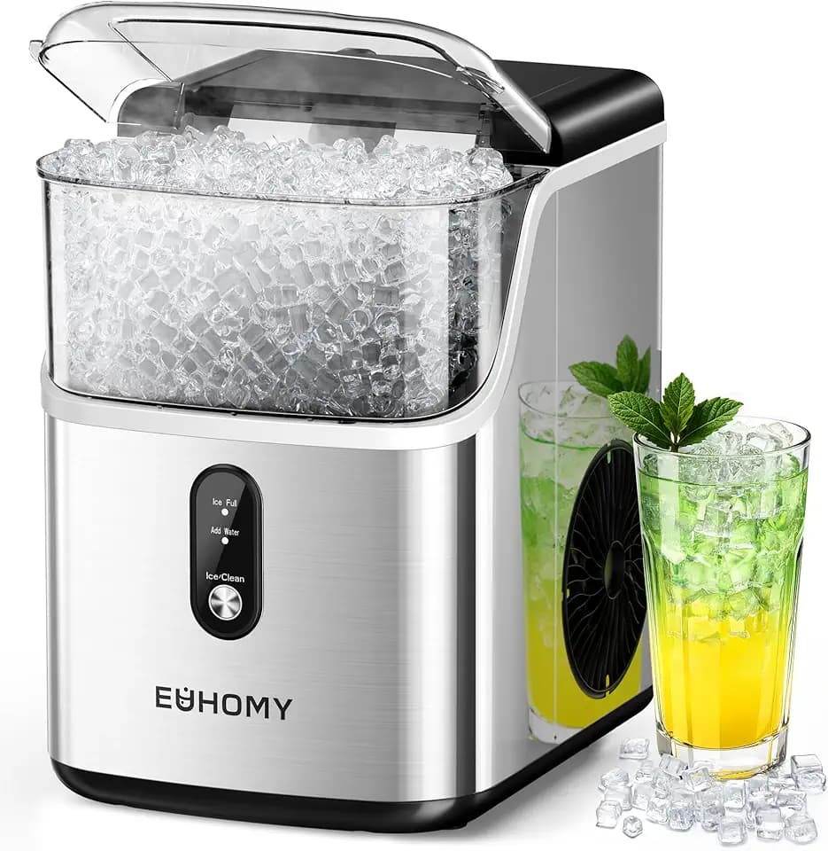 EUHOMY Nugget Ice Makers Countertop, Pebble Ice Maker Machine with 34lbs/24H Soft Ice, Self-Cleaning Sonic Ice Maker with Ice Scoop&Basket, Pellet Ice Maker for Home/Kitchen/Office(Stainless Steels)