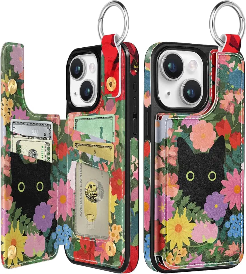 Lotadilo for iPhone 15 Wallet Case with Card Holder, Cute Designer Floral Cat Pattern Kickstand Magnetic Clasp Back Flip Folio Leather Cases for iPhone 15 Phone for Girls Women Men Boys Teens