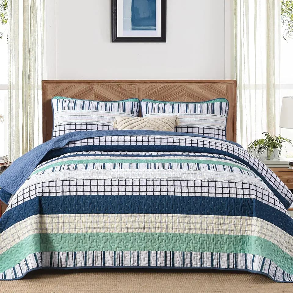 DJY Striped King Size Quilt, Boho Patchwork Bedspread 3PC, Navy Blue Green
