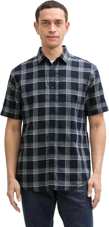 Tom Tailor Herren Regular Fit Kurzarmhemd mit Leinenanteil