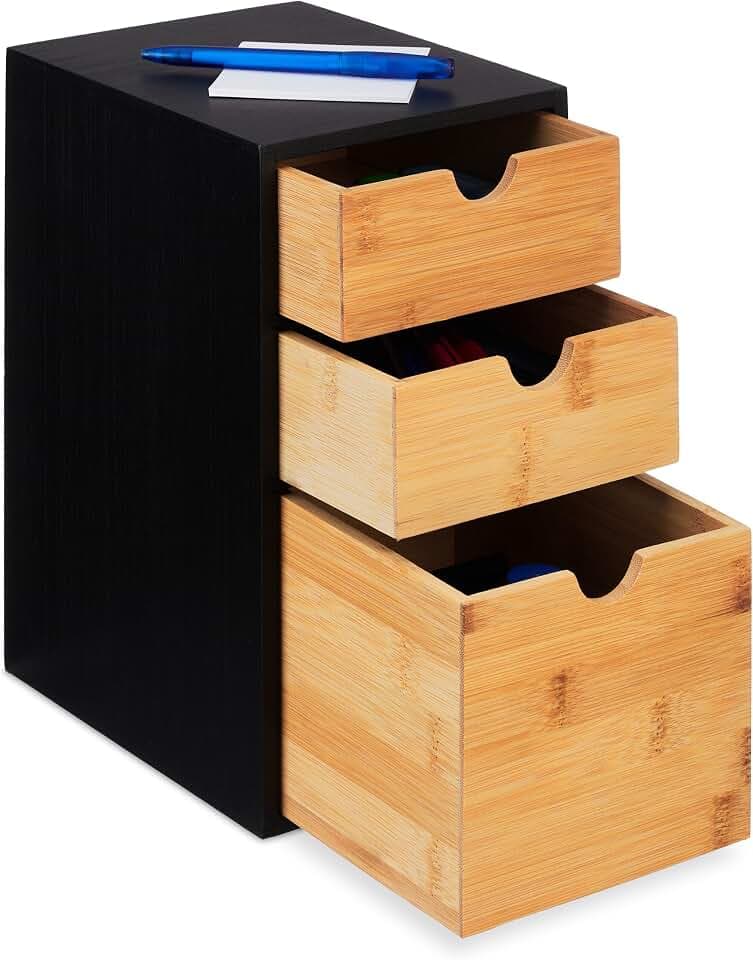 Relaxdays Schubladenbox, Bambus, 3 Schubladen, HxBxT: 28 x 17 x 21,5 cm, Schreibtisch Organizer, Büro, Natur/schwarz