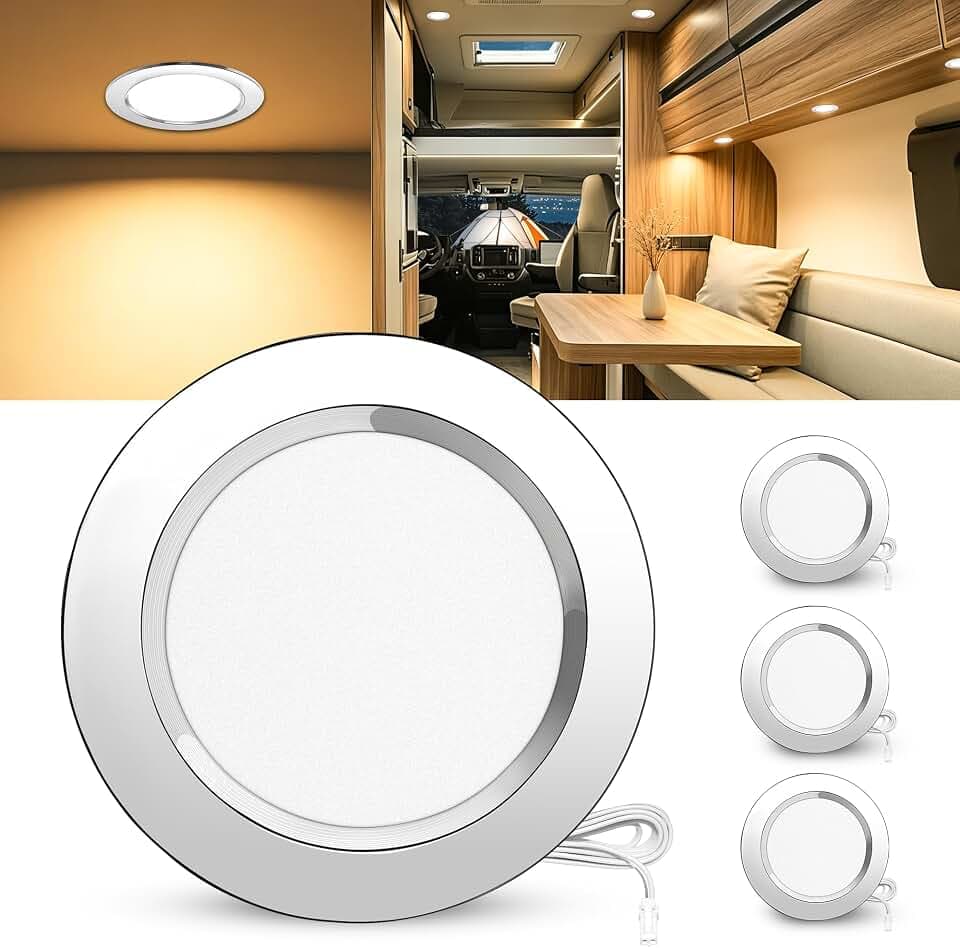 3er Set LED Einbaustrahler 12V, 3000K Warmweiß 3.5W Alu LED Spot Dimmbar, Möbeleinbauleuchte Lochmaß 55-58mm und 12mm Flach, IP44 Einbauspots für Wohnmobil Wohnwagen Boot, Chrom