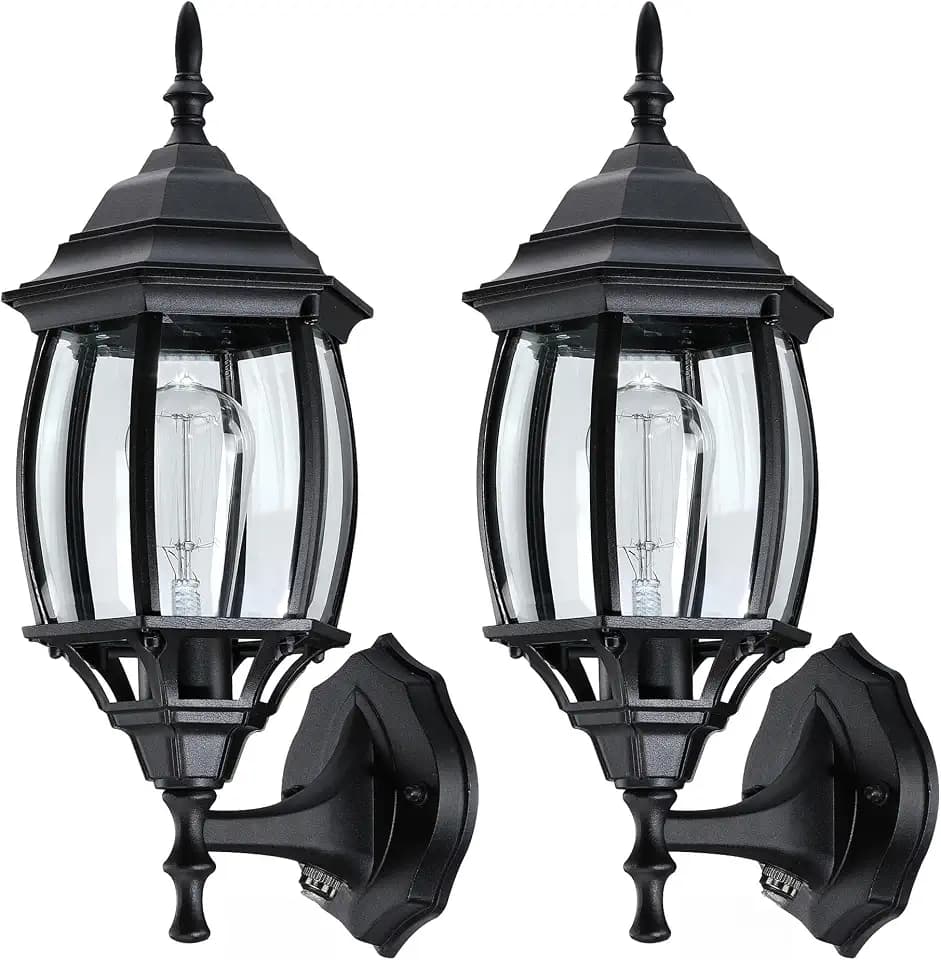 2 Pack Black Dusk to Dawn Outdoor Wall Lights - 16.8 Inch Garage Side Light for House Outside Dusk to Dawn Wall Lantern, Black Vintage Porch Sconce Light for Front Door,Entrance,Balcony,E26