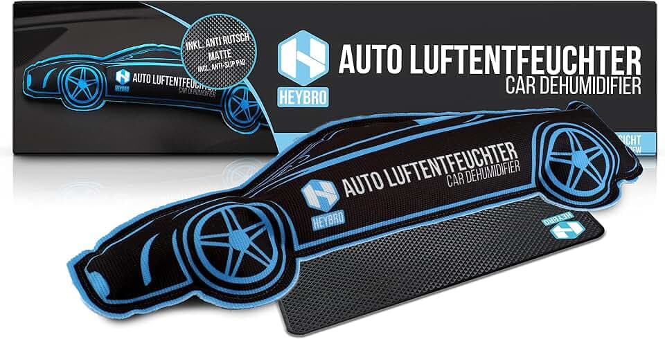 HEYBRO® Auto Luftentfeuchter - Wiederverwendbarer Feuchtigkeitsentferner in coolem Design - inkl. Anti Rutsch Matte - Entfeuchter Kissen verhindert beschlagene Scheiben und Feuchtigkeit