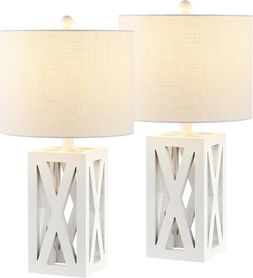 JONATHAN Y Stewart Rustic Wood Bedside Table Lamp 21.5", White, Set of 2