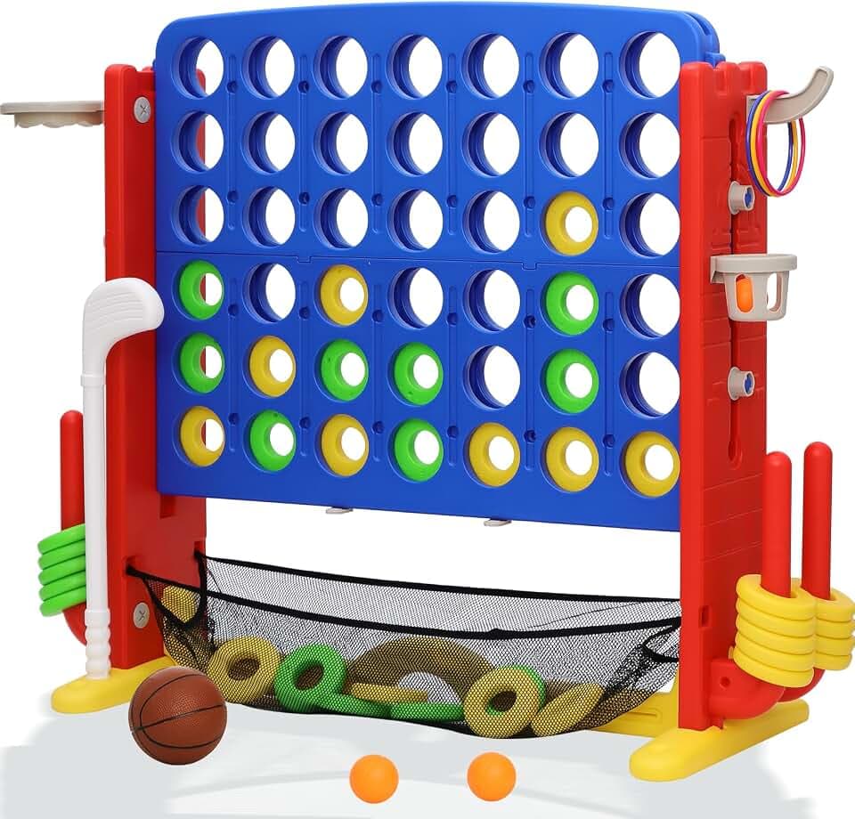 Giant 4-in-A Row Connect Game Set, Height Adjust Jumbo Yard Game for Kids & Adults w/Mesh Catching Bag, Basketball Hoop, Ring Toss & Mini Golf, Family Party 4-to-Score Indoor/Outdoor Games