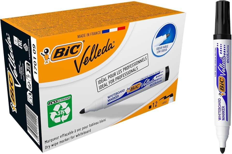 BIC 1701 Whiteboard Marker Velleda ECOlutions (Rundspitze, Strichstärke 1,4 mm) Schachtel à 12 Stück, schwarz