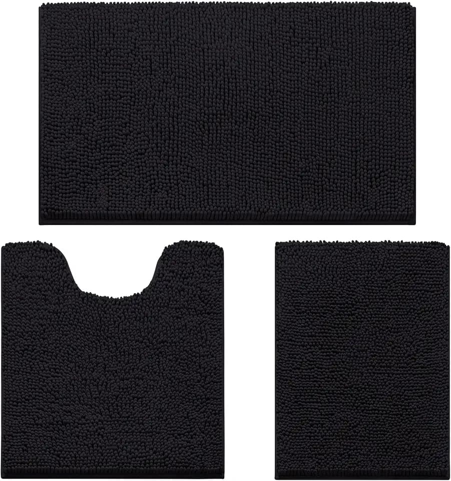HOMEIDEAS Black Chenille Bathroom Rugs Set of 3, Non Slip Bath Mat