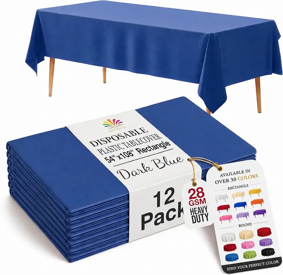 12-Pack Premium Plastic Tablecloth 54in. x 108in. Rectangle Table Cover - Dark Blue
