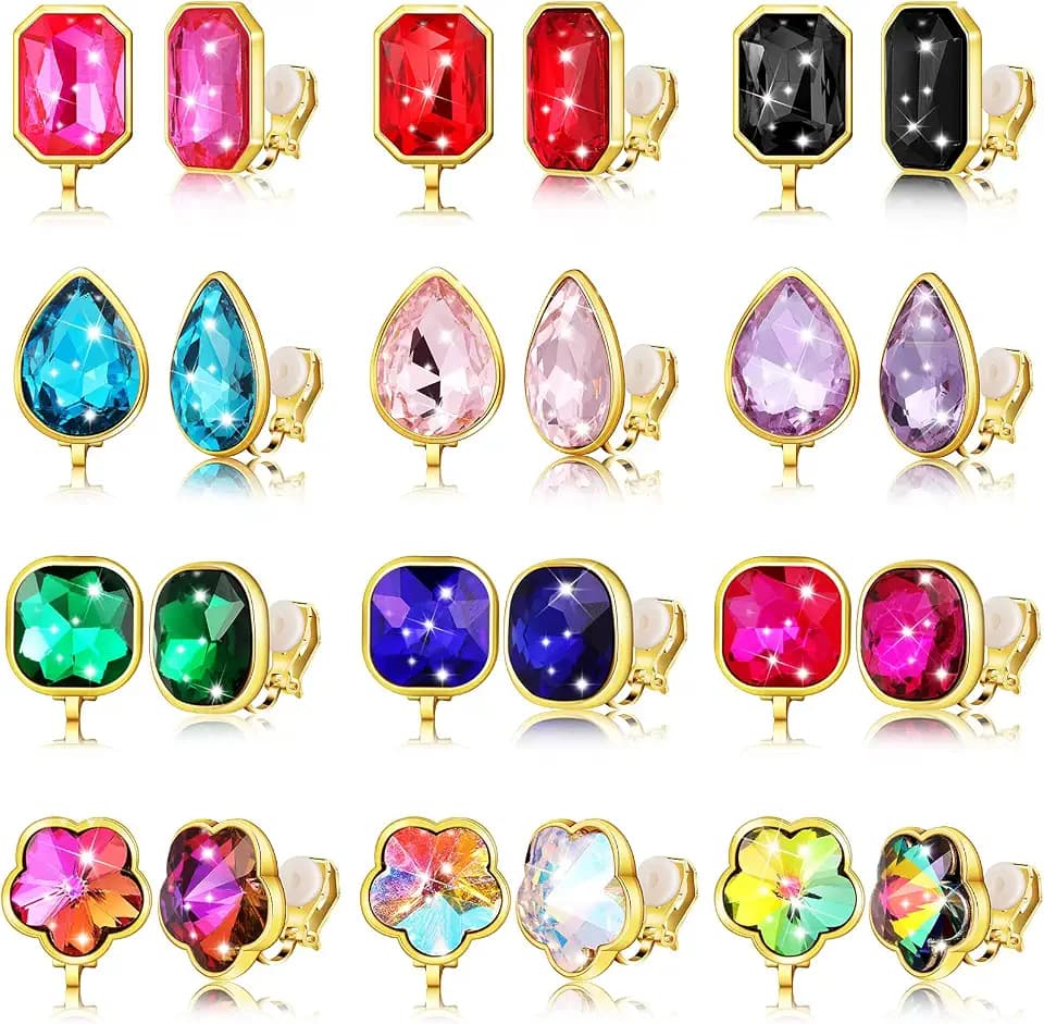 Hicarer 12 Pairs Clip on Earrings for Women Girls, Rhinestone Non Pierced