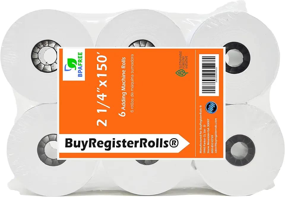 (6 Rolls) 2 1/4 x 150 ft, White, adding machine tape Paper Rolls, Premium One Ply Cash Register/Adding Machine/Calculator Roll Printing Calculator 10 key adding machine tape