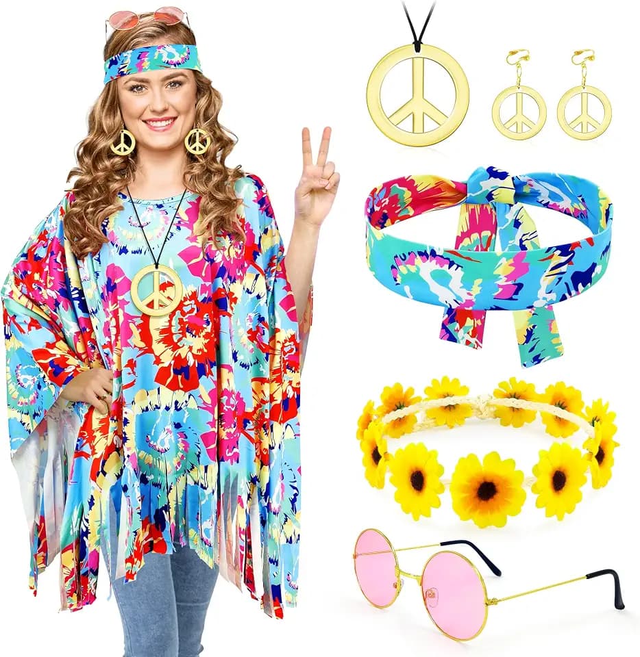 beifon 6/7 Stück Hippie Kostüm Damen Set, Faschingskostüme Damen Karneval Kostüm mit Hippie Poncho, 60er 70er 80er Jahre Outfit Flower Power Kleidung Hippie Accessoires für Cosplay