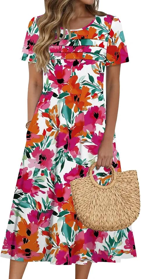Zeagoo Womens Casual Dresses for Summer Short Sleeve Flare Midi Dress Beach