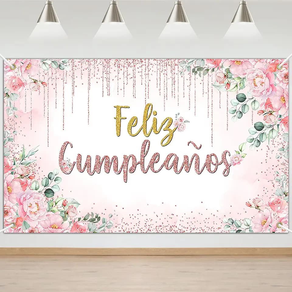 Avezano Feliz Cumpleaños Banner Pink Floral Mexican Happy Birthday Party Decorations Spanish Birthday Photo Background for Women Girl Mexico Birthday Party Decorations Banner (6x3.6ft)