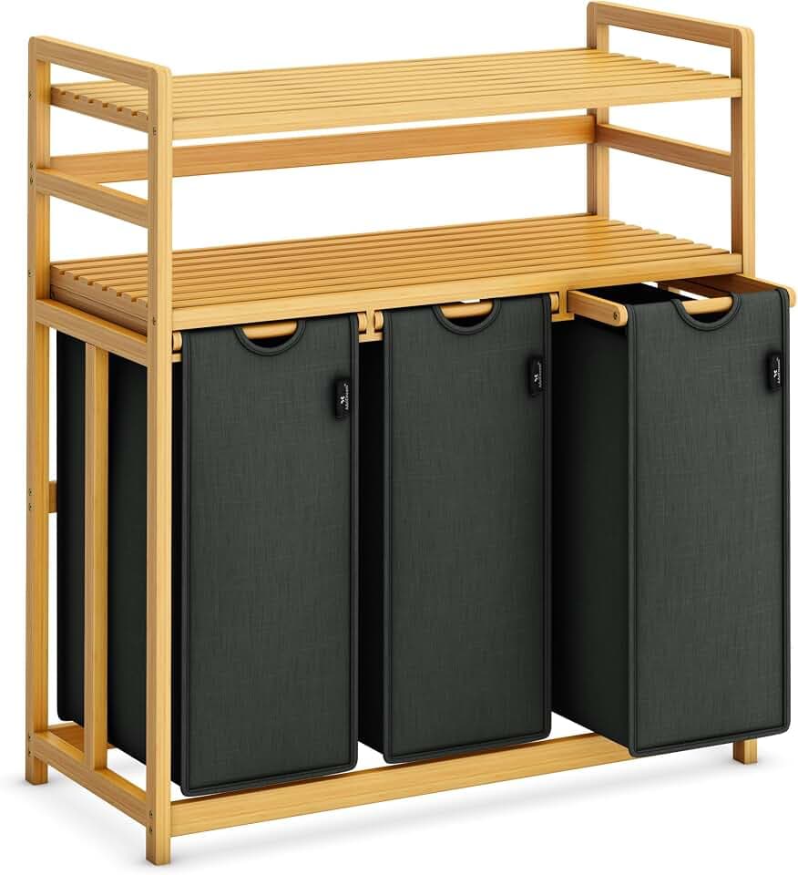 AdelDream Wäschekorb 150L, 3 Fächer Wäschesammler, 2 Ablagen, Bambus