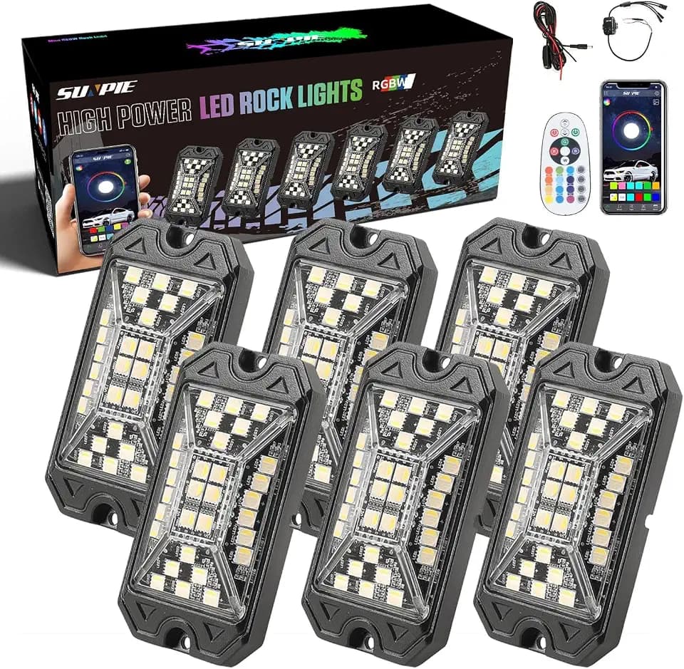 SUNPIE 6 Pods RGBW Rock Lights with 3.4M Extension Wires and Switch Wire