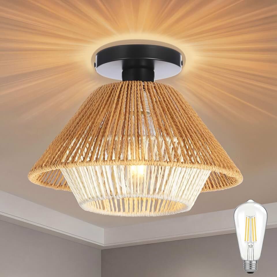 AmazeFun Ø30cm Boho Deckenlampe Rattan Deckenleuchte - E27 Lampenfassung, Deckenleuchte Schlafzimmer, Rustikal Vintage Rattan Ceiling Lamp, Deckenlampe Badezimmer, Boho Lampe für Esszimmer Küche Flur