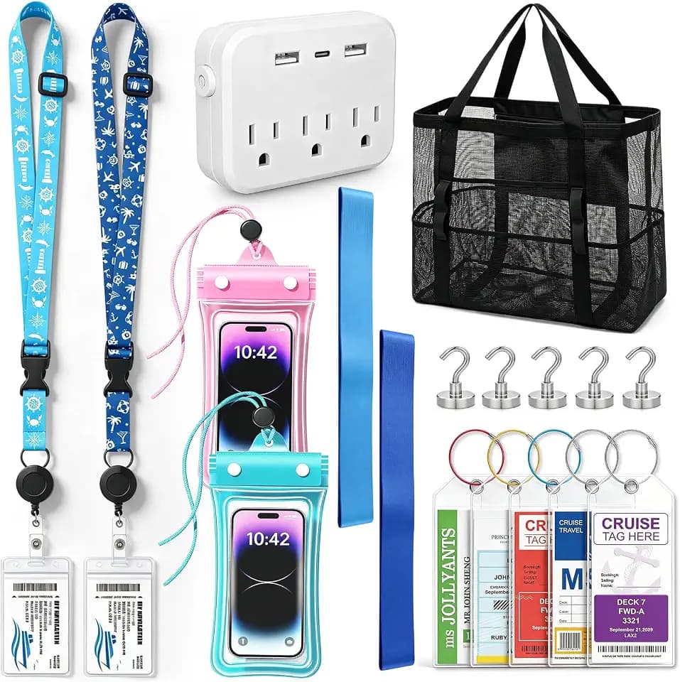 Cruise Essentials 2026, 18PCS Cruise Must Haves Kit, Travel Essentials with Beach Bag,Non-Surge Protector Power Strip,Magnetic Hooks,Luggage Tags,Lanyards,Towel Bands,Waterproof Phone Pouches