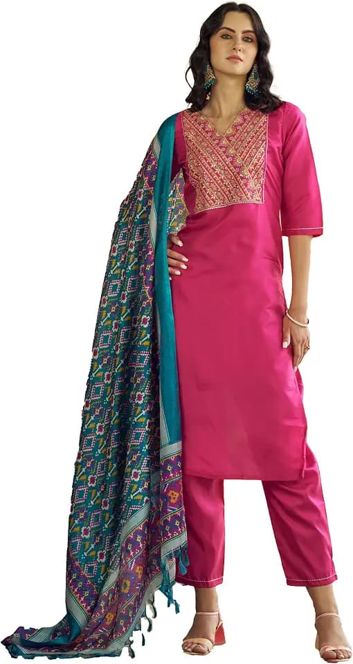 VredeVogel Damen Seidenmischung Kurta Hose Set mit Seidenstickerei Dupatta
