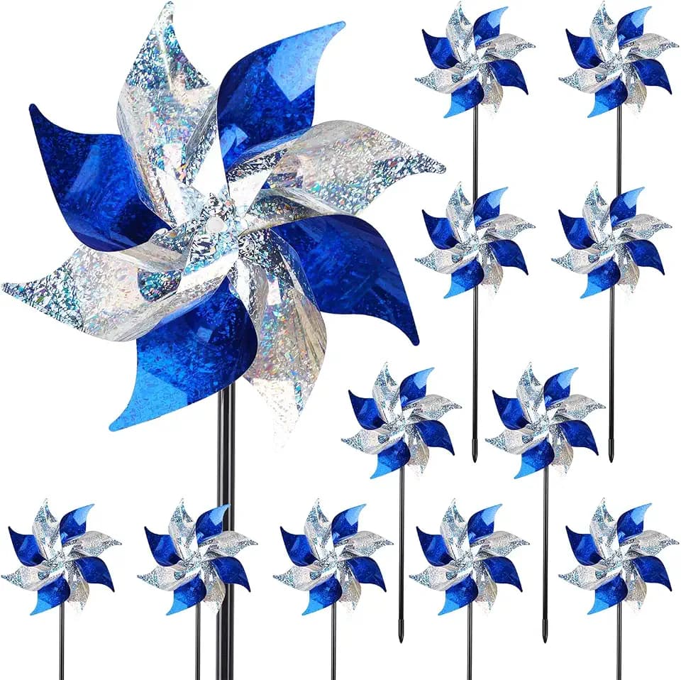 Hausse 12 Pack Reflective Blue Pinwheels with Stakes (Pre-assembled), Extra Sparkly Pin Wheel for Garden Decor, Bird Repellent Devices Deterrent to Scare Birds Away from Yard Patio Farm, Silver & Blue
