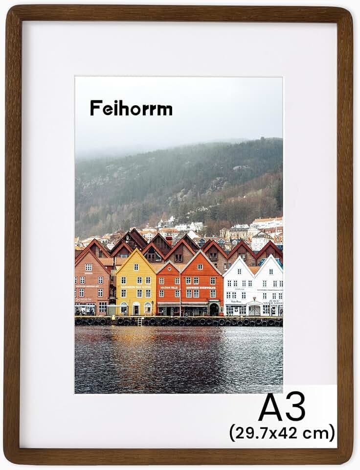 Feihorrm Massivholz Bilderrahmen, A3 Eiche Bilderrahmen, Mit gehärtetem Glas, Für 29,7x42 cm-Fotos ohne Passepartout oder 20x28,7 cm-Fotos mit Passepartout (Dunkel Braun, A3 (29,7x42 cm)/ 1x)
